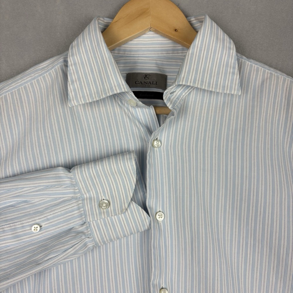 Canali Dress Shirt Mens 16-41 White Blue Striped Spread Collar Button Up Formal